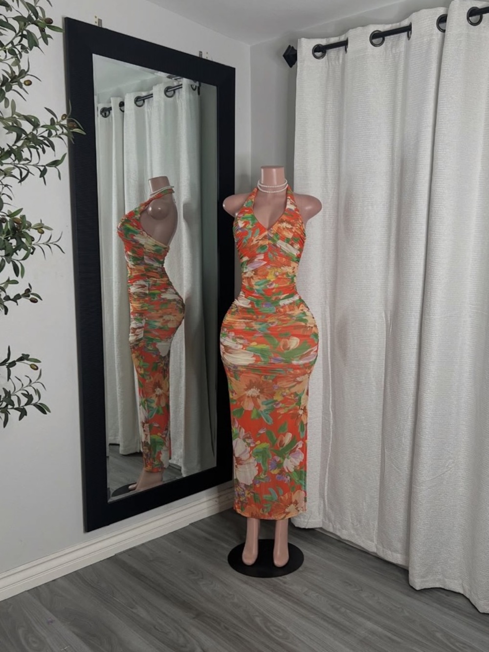 Floral Orange Halter Midi Dress